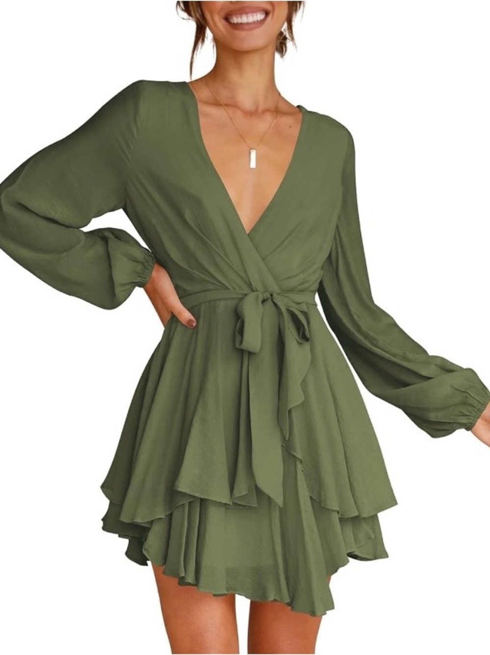 Amazon Olive Green Long Sleeve Wrap Tiered Dress